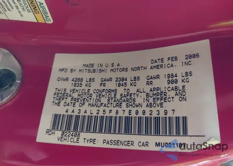 2007 Mitsubishi Eclipse Spyder Gs из США, поврежденный, VIN 4A3AL25F87E002397